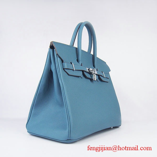 Hermes Birkin 35cm Tendon Veins Leather Bag Blue Silver Hardware